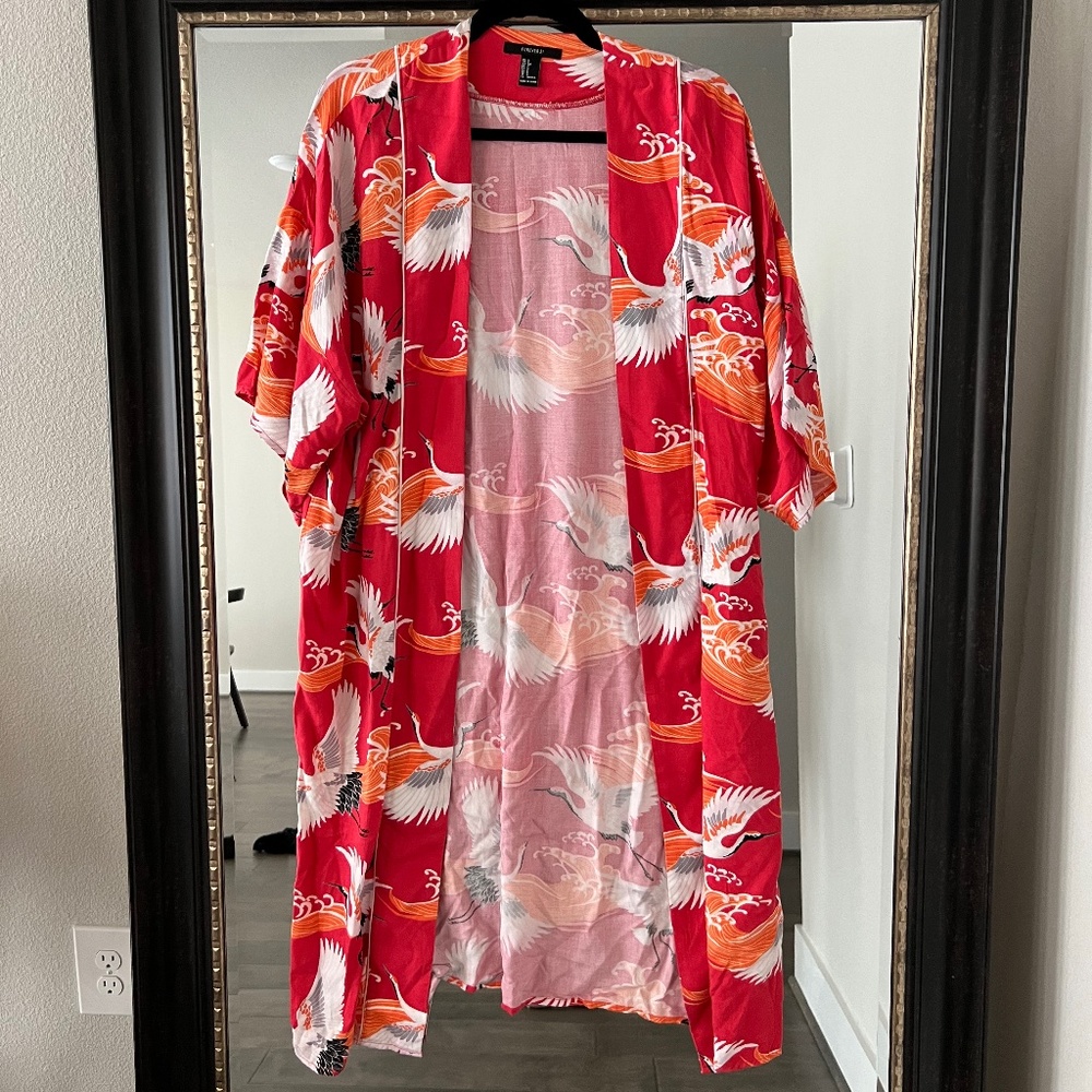 Forever 21 Long, Red, bird print Kimono.